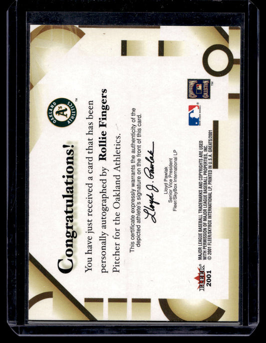 2001 Fleer Greats of the Game - Autographs - Rollie Fingers