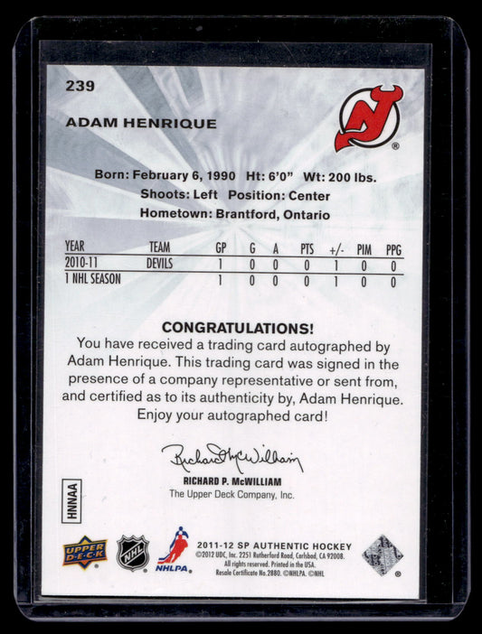 2011-12 Upper Deck SP Authentic - Autographed Future Watch - Adam Henrique #239 /999 RC