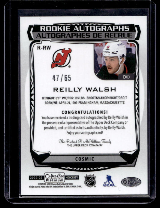2023-24 Upper Deck O-Pee-Chee Platinum - 2022-23 Update Rookie Autographs - Cosmic - Reilly Walsh #R-RW /65