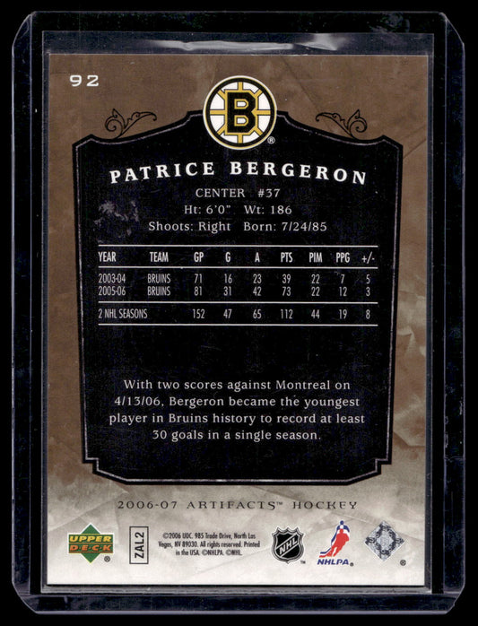 2006-07 Upper Deck Artifacts - Gold - Patrice Bergeron #92 /50