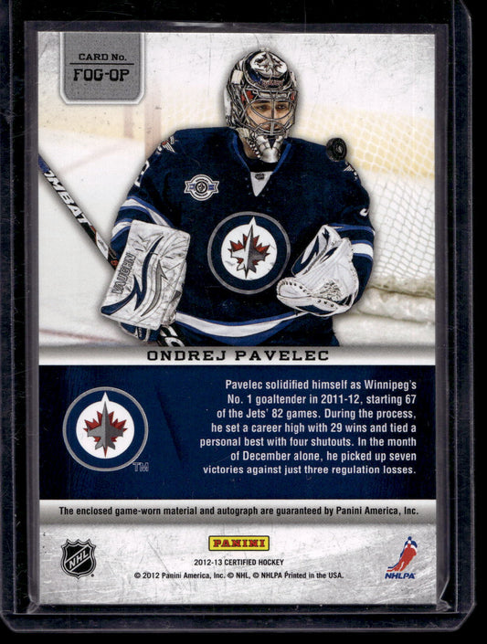 2012-13 Panini Certified - Fabric of the Game - Mirror Blue Jersey Autographs - Ondrej Pavelec #FOG-OP /50