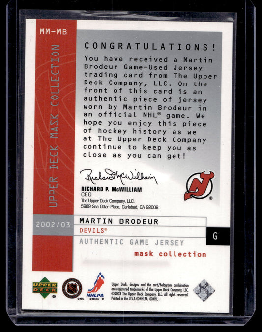 2002-03 Upper Deck Mask Collection - Masked Marvels Jerseys - Martin Brodeur #MM-MB