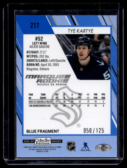 2023-24 Upper Deck O-Pee-Chee Platinum - Blue Fragment - Marquee Rookies - Tye Kartye #217 /125 RC