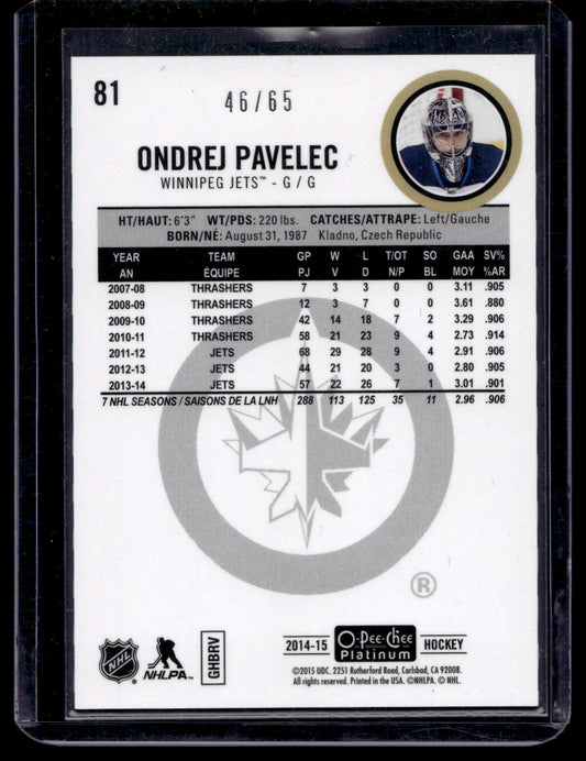 2014-15 Upper Deck O-Pee-Chee Platinum - Blue Cubes - Ondrej Pavelec #81 /65