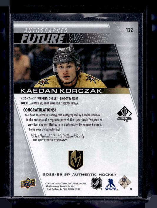 2022-23 Upper Deck SP Authentic - Autographed Future Watch - Kaedan Korczak #122 /999 RC