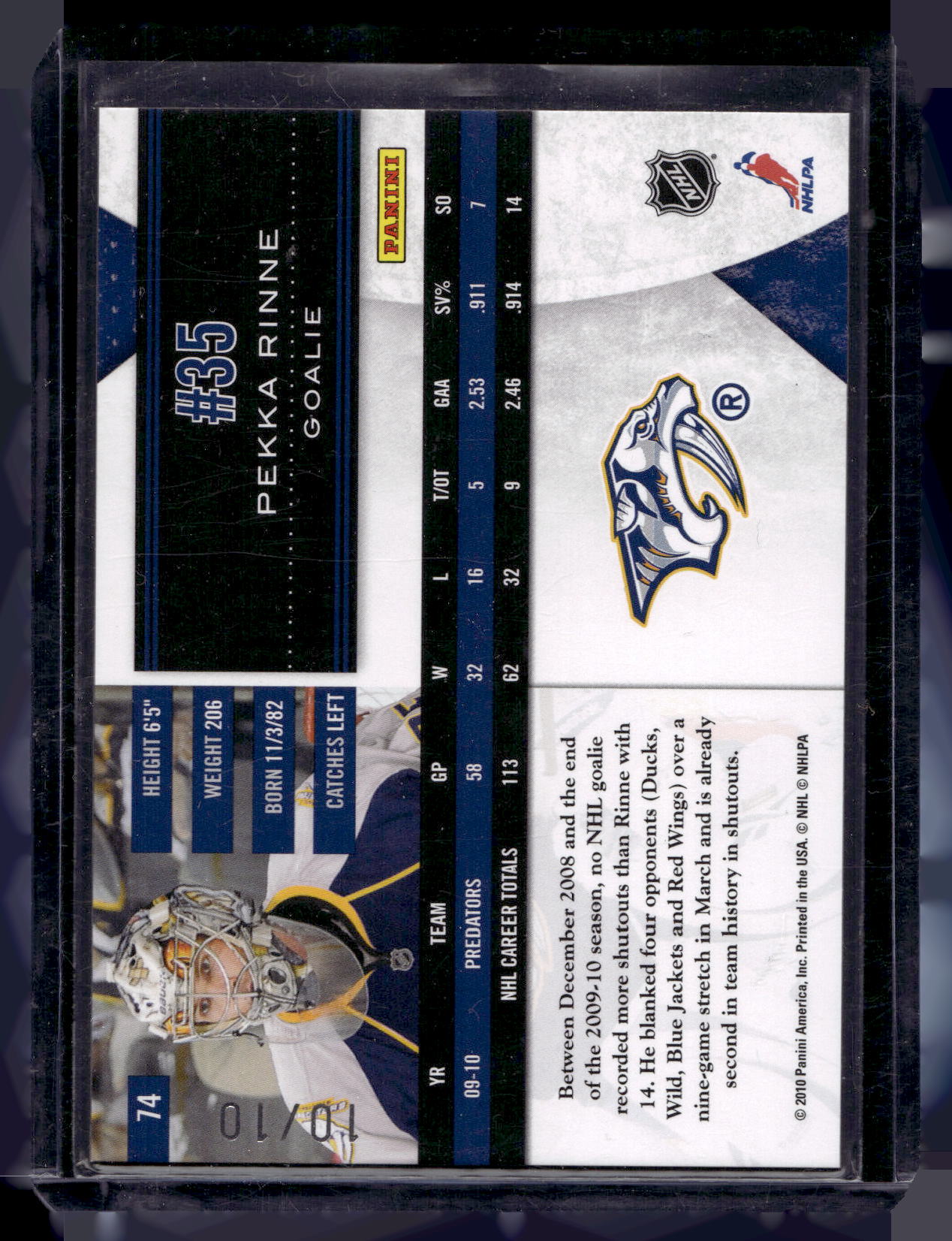2010-11 Panini Limited - Gold Spotlight - Pekka Rinne #74 /10