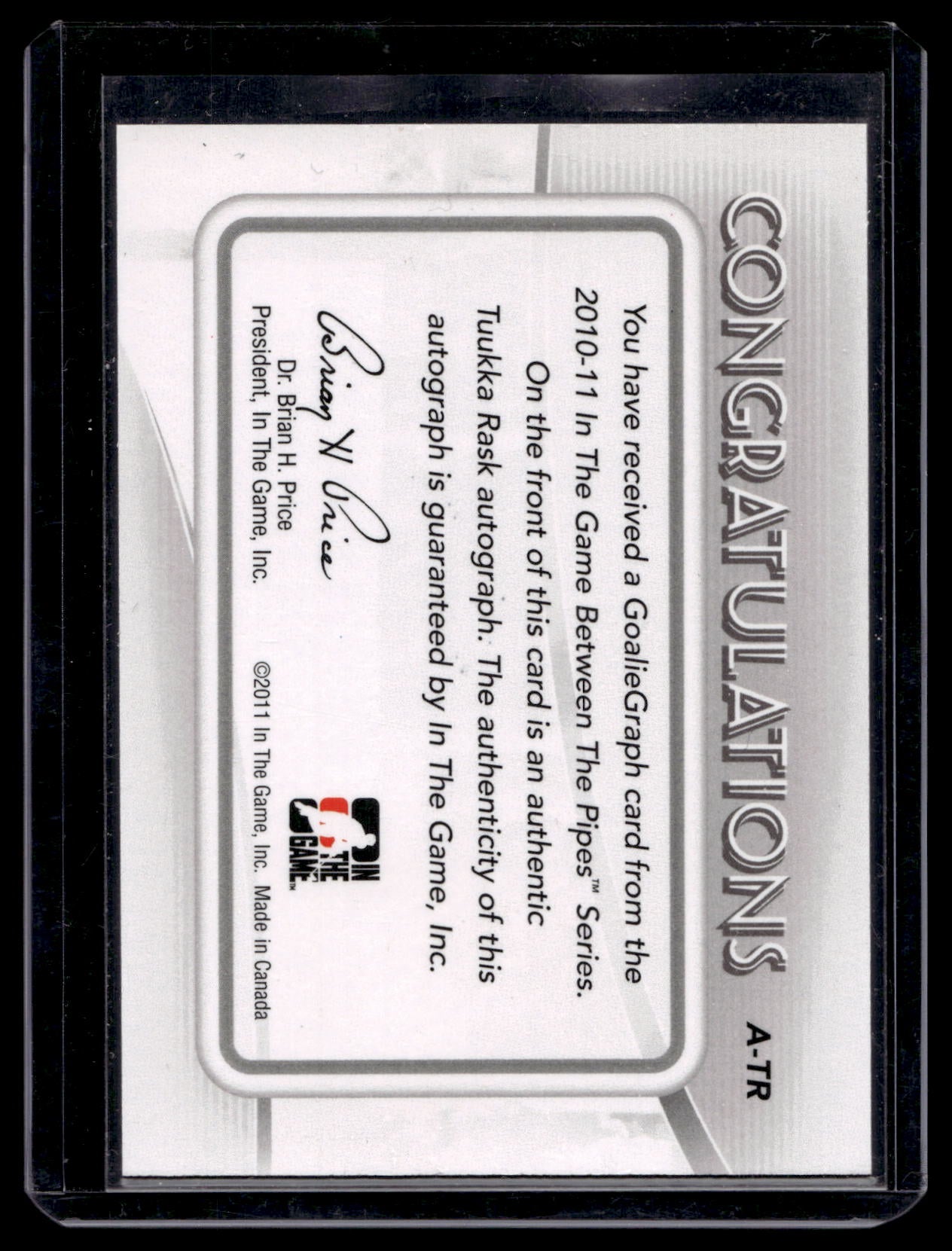2010-11 In the Game Between the Pipes - GoalieGraphs - Tuukka Rask #A-TR