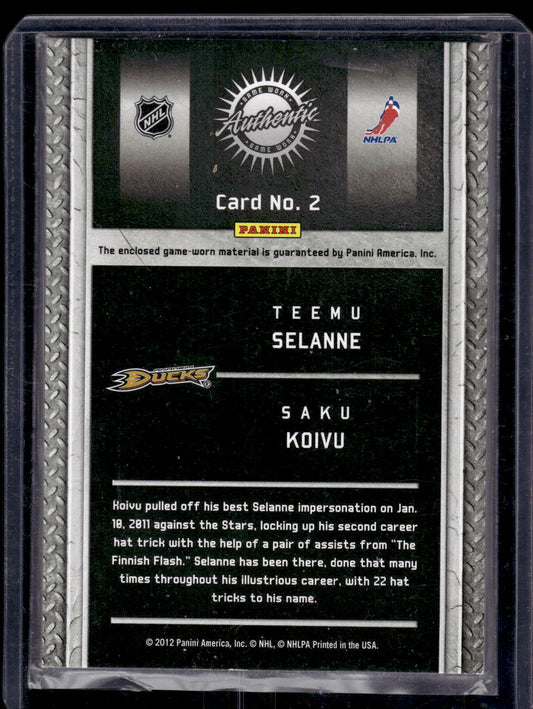 2011-12 Panini Titanium - Game-Worn Gear Dual Memorabilia - Saku Koivu / Teemu Selanne #2 /50