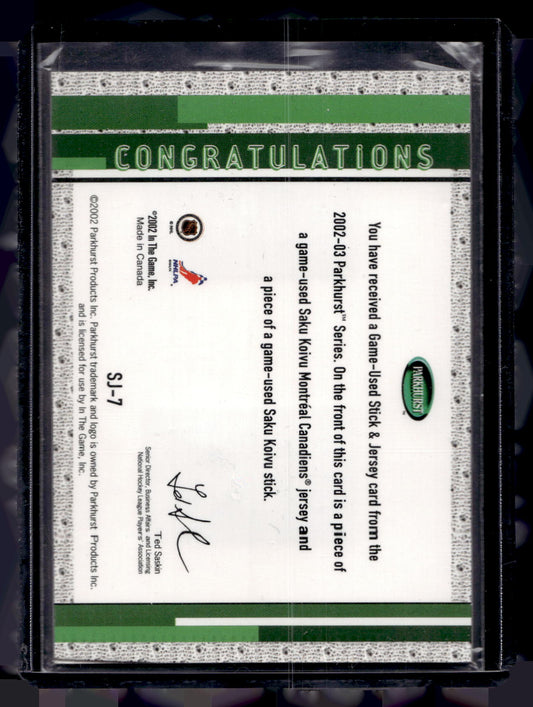 2002-03 In the Game Parkhurst - Stick & Jersey - Saku Koivu #SJ-7