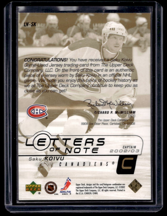 2002-03 Upper Deck - Letters of Note - Gold - Saku Koivu #LN-SK /50