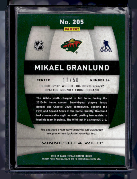 2013-14 Panini Totally Certified - Platinum Red Autograph Jerseys - Rookie - Mikael Granlund #205 /50 RC