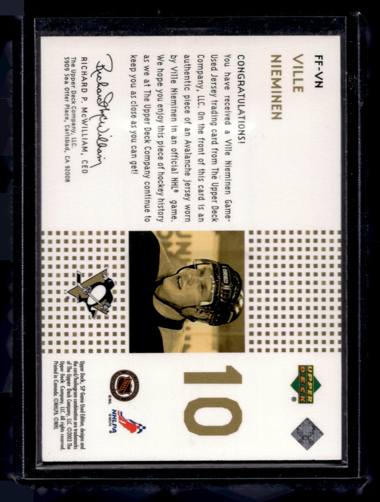 2002-03 Upper Deck SP Game Used - Future Fabrics - Gold - Ville Nieminen #FF-VN /99