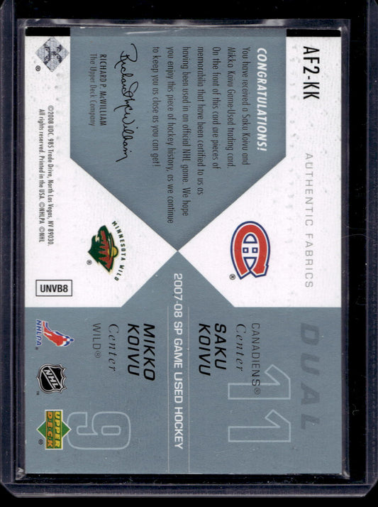 2007-08 Upper Deck SP Game Used Edition - Authentic Fabrics Dual - Saku Koivu / Mikko Koivu #AF2-KK /100
