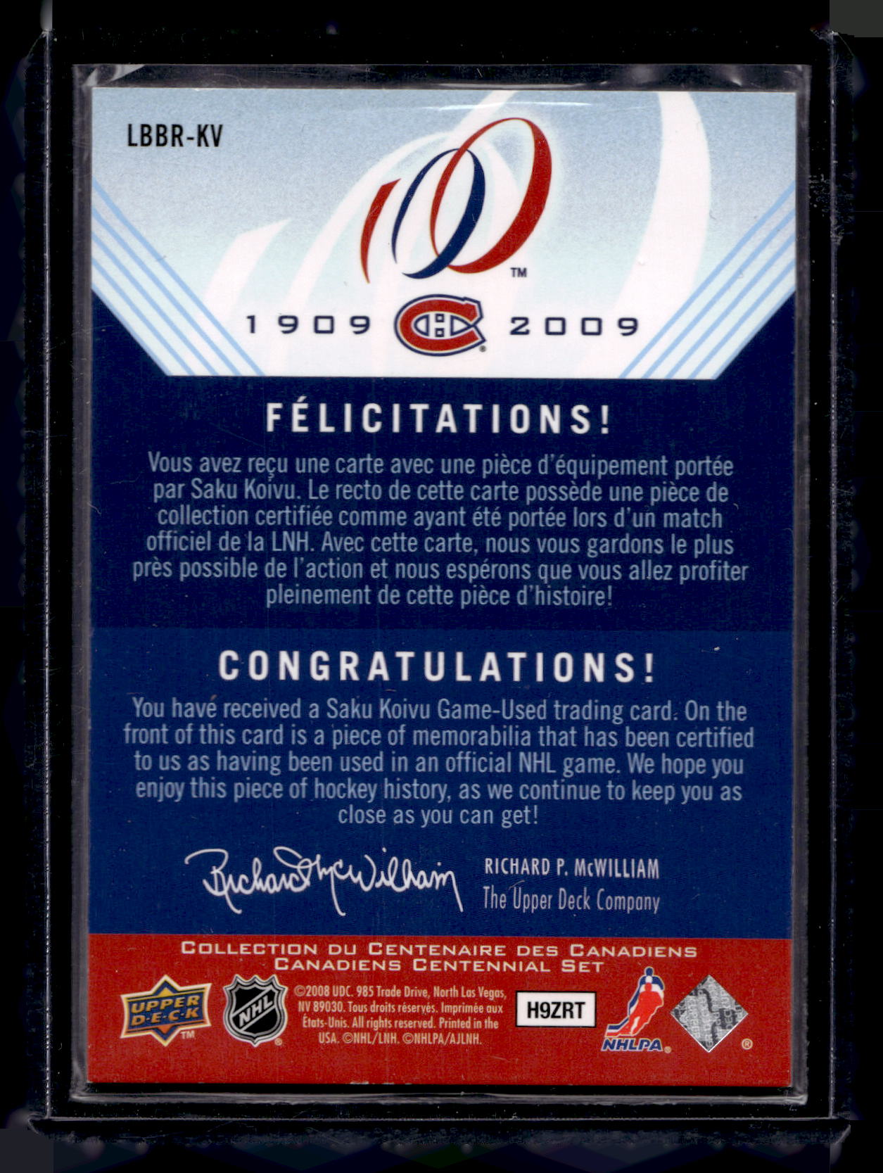 2008-09 Upper Deck Montreal Canadiens Centennial Set - Le Blue Blanc Rouge - Jerseys - Saku Koivu #LBBR-KV