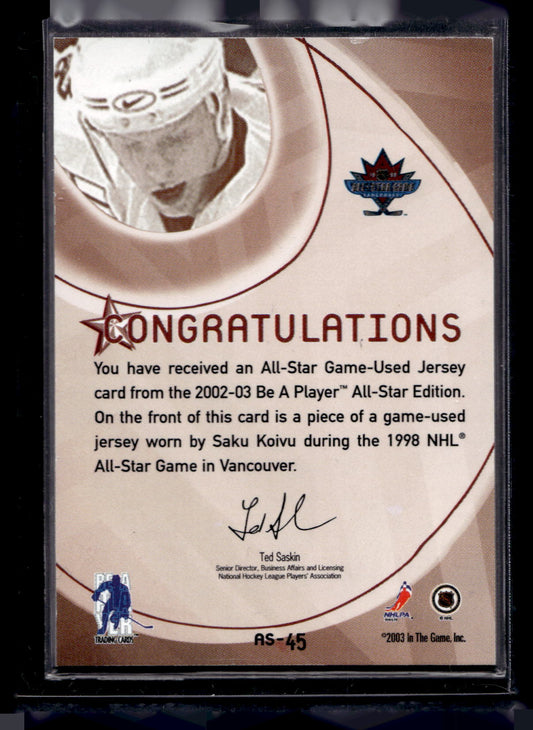 2002-03 In the Game Be A Player All-Star Edition - All-Star Game-Used Jerseys - Silver - Saku Koivu #AS-45