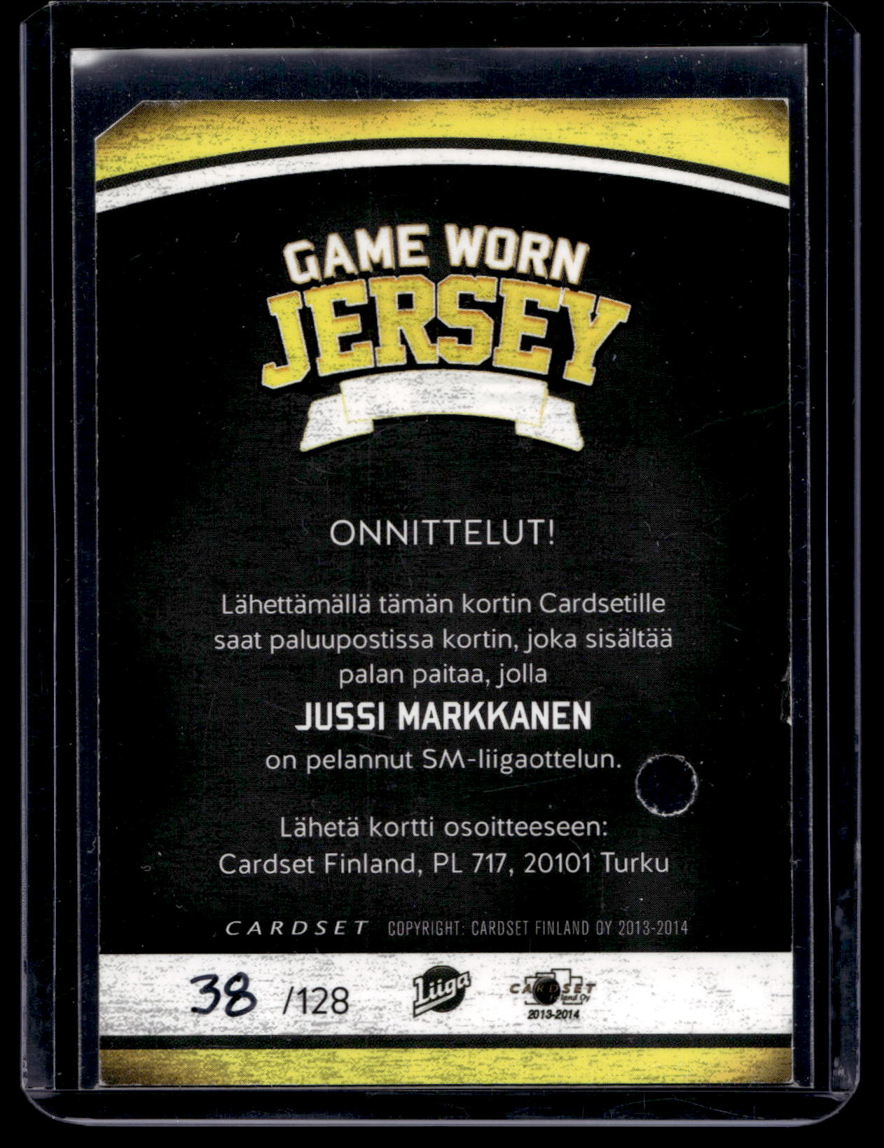 2013-14 Cardset - Game Worn Jersey - Jussi Markkanen /128