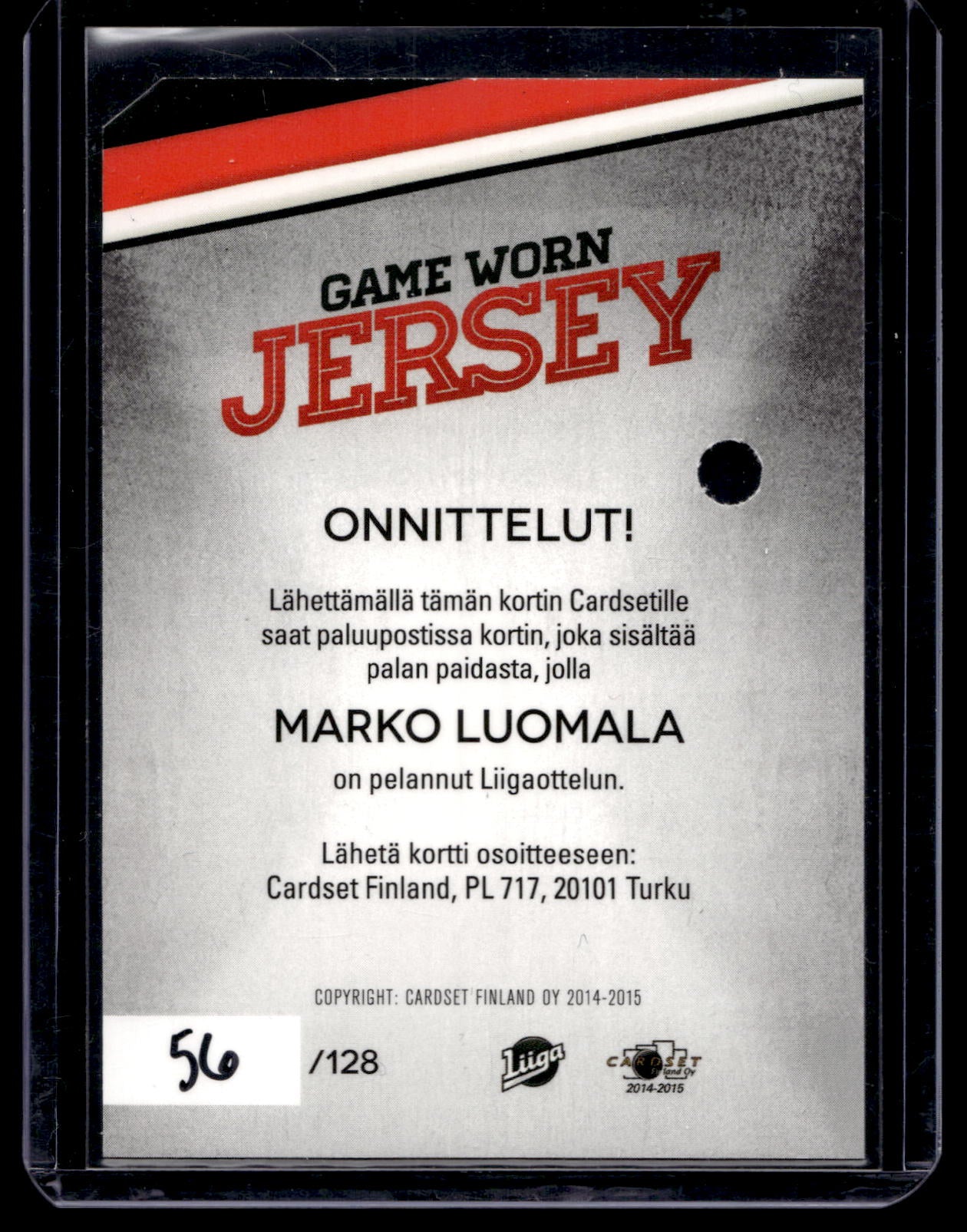 2014-15 Cardset - Game Worn Jersey - Marko Luomala /128