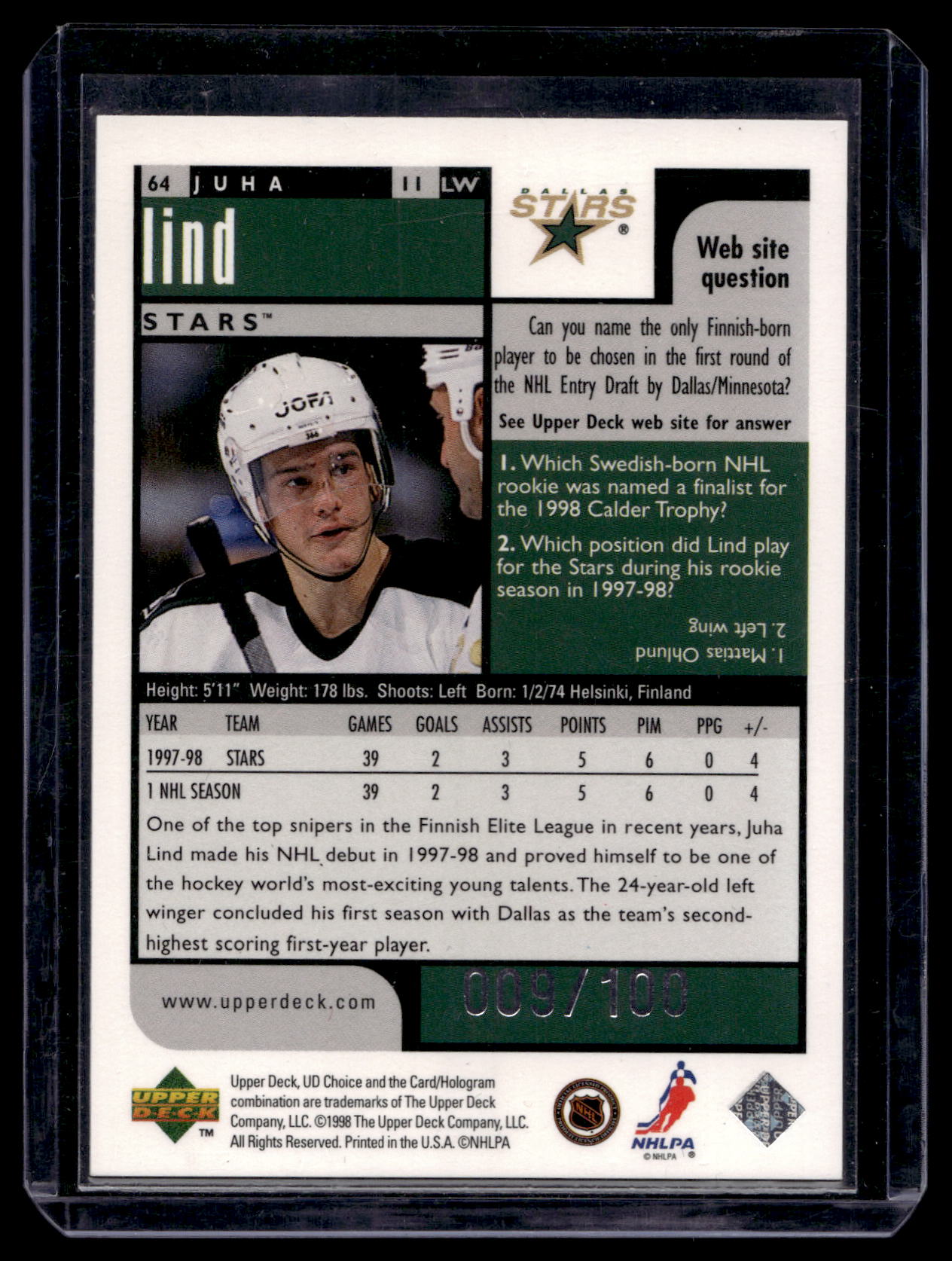1998-99 Upper Deck UD Choice - Prime Choice Reserve - Juha Lind #64 /100