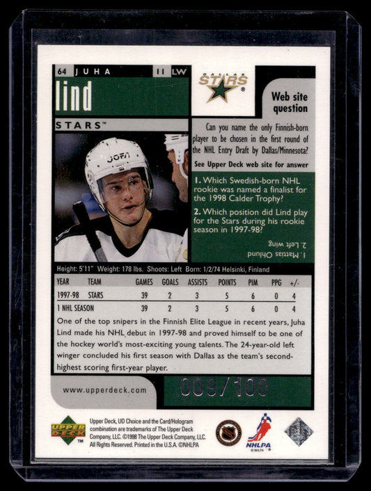 1998-99 Upper Deck UD Choice - Prime Choice Reserve - Juha Lind #64 /100