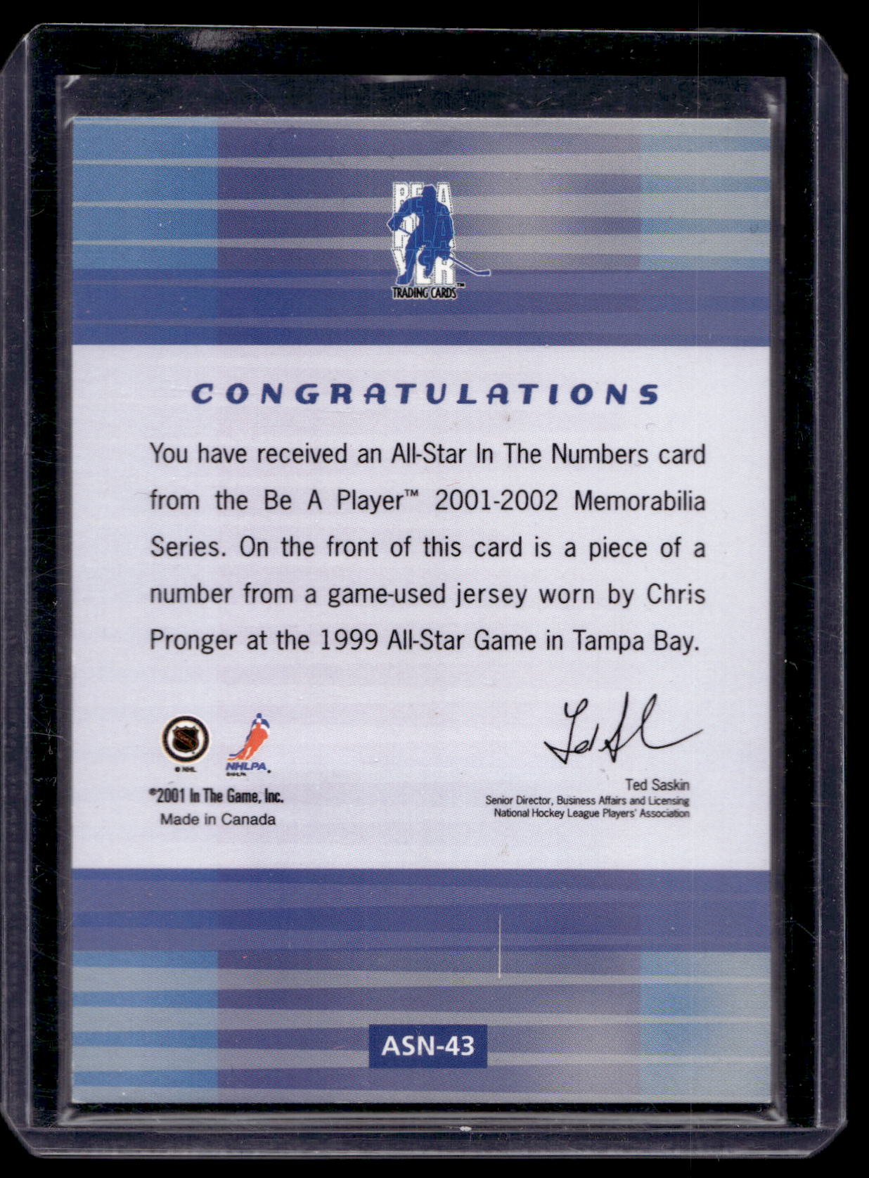 2001-02 In the Game Be A Player Memorabilia - All-Star in the Numbers - Chris Pronger #ASN-43 PR10