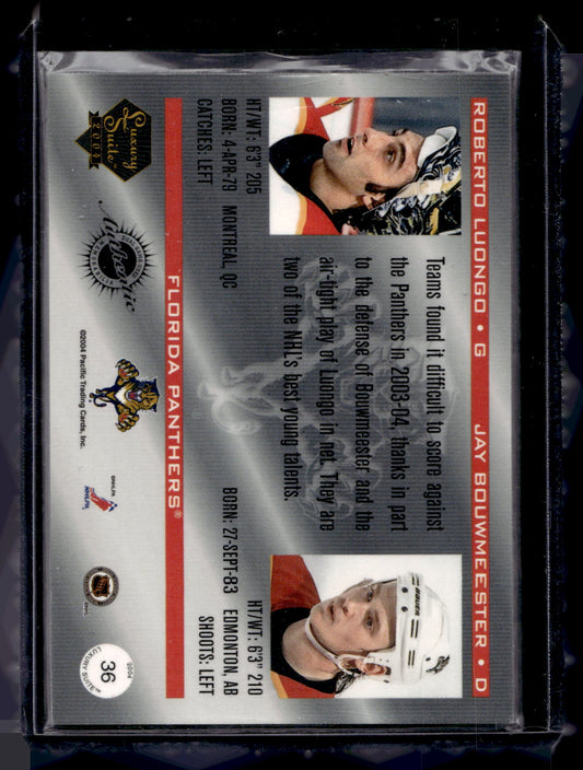 2003-04 Pacific Luxury Suite - Platinum Blue Jersey/Patch - Roberto Luongo / Jay Bouwmeester #36 /100