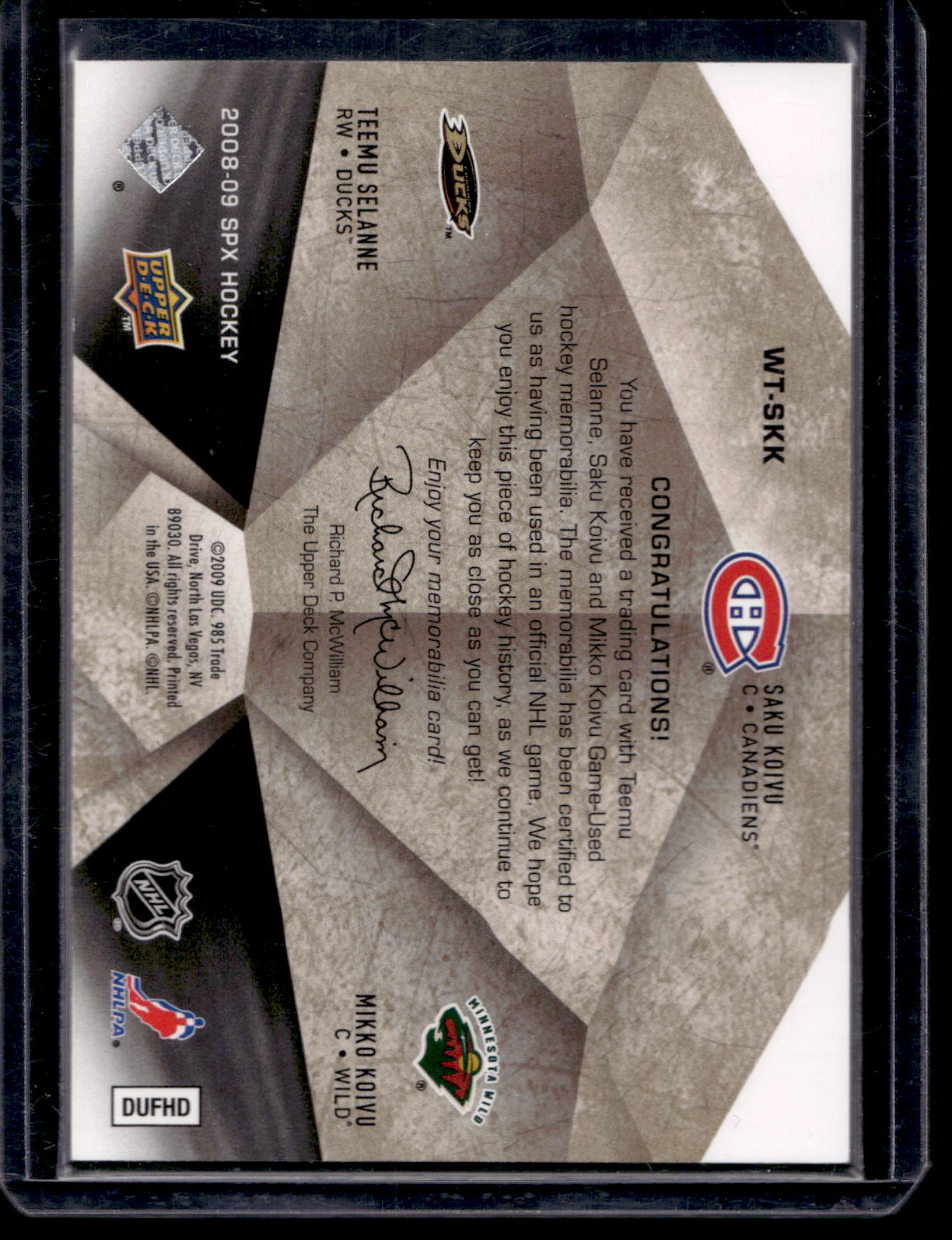 2008-09 Upper Deck SPx - Winning Trios - Teemu Selanne / Saku Koivu / Mikko Koivu #WT-SKK /99