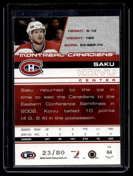 2002-03 Pacific Heads Up - Red - Saku Koivu #64 /80