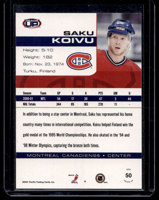 2001-02 Pacific Heads Up - Premiere Date - Saku Koivu #50 /105