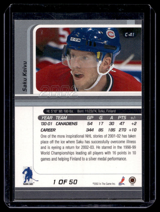 2001-02 In the Game Be A Player Signature Series - Certified - Purple - Saku Koivu #C-41 /50