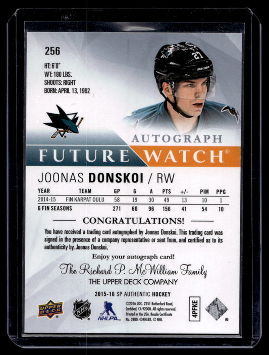 2015-16 Upper Deck SP Authentic - Future Watch Black Autographs - Joonas Donskoi #256 RC