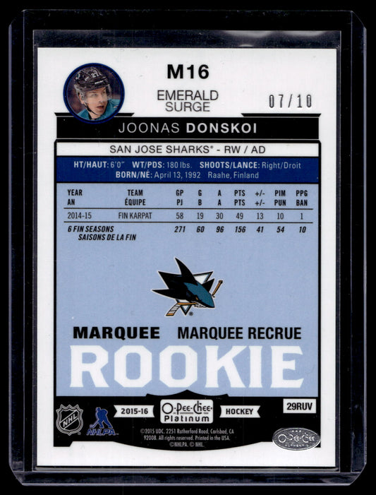 2015-16 Upper Deck O-Pee-Chee Platinum - Marquee Rookies - Emerald Surge - Joonas Donskoi #M16 /10 RY