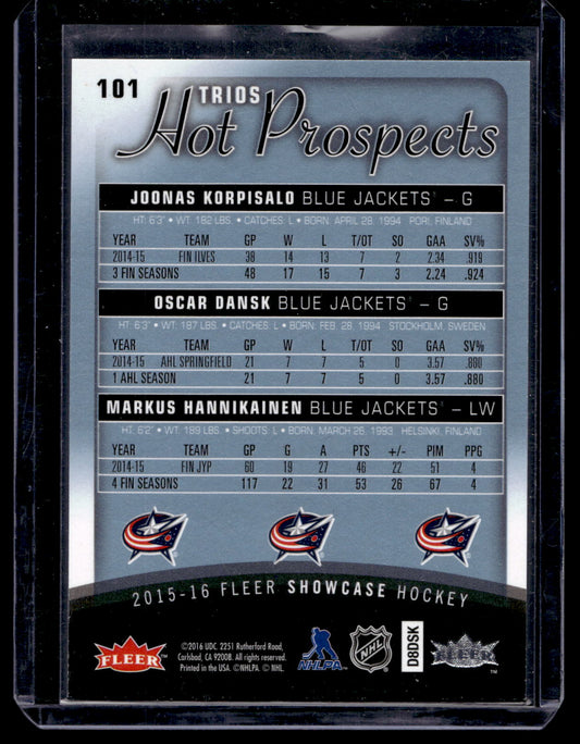 2015-16 Upper Deck Fleer Showcase - White Hot - Hot Prospects Trios - Joonas Korpisalo / Oscar Dansk / Markus Hannikainen #101 /5 RC