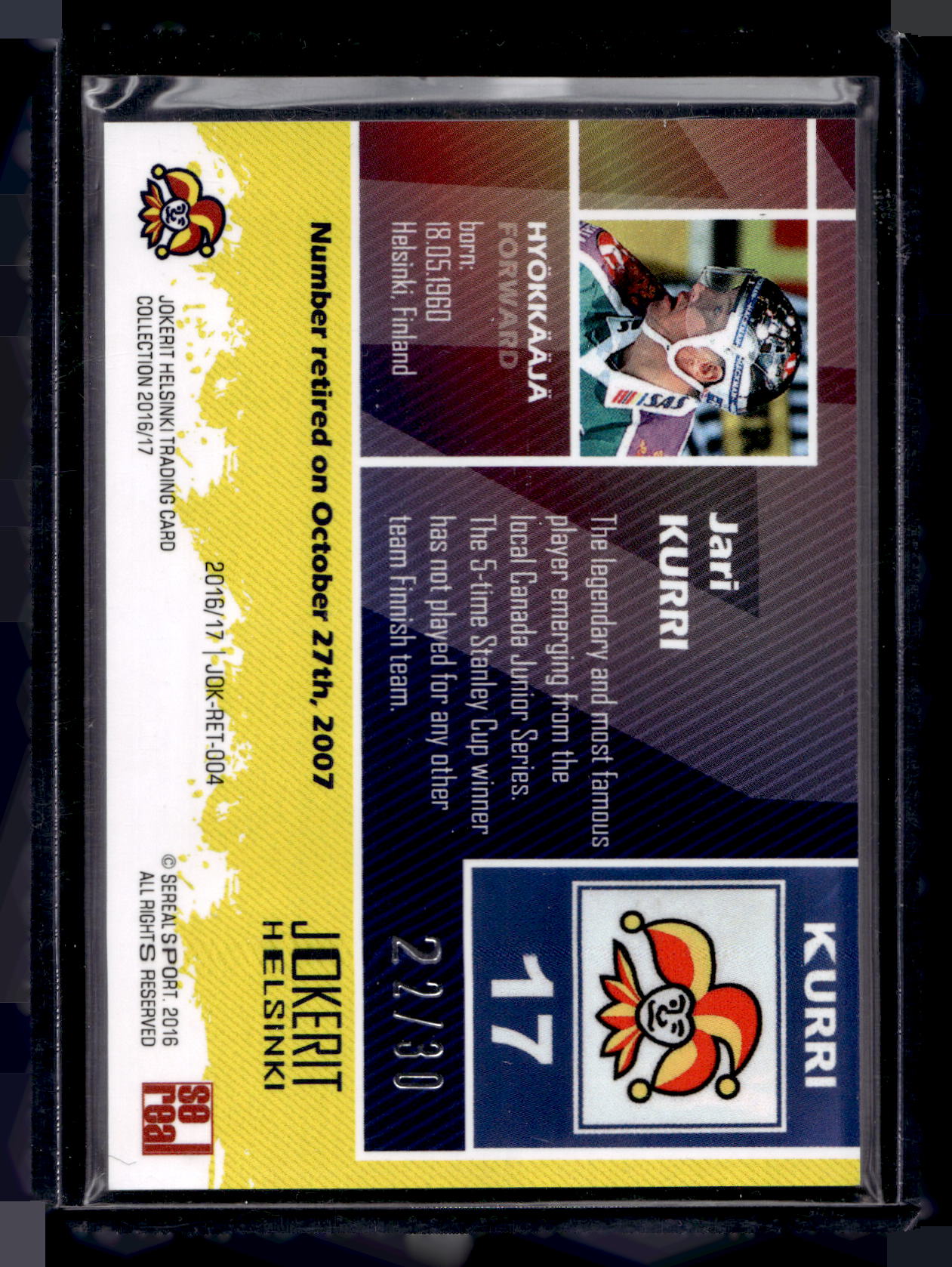 2016-17 Cereal Jokerit - Retired Numbers - Jari Kurri #JOK-RET-004 /30