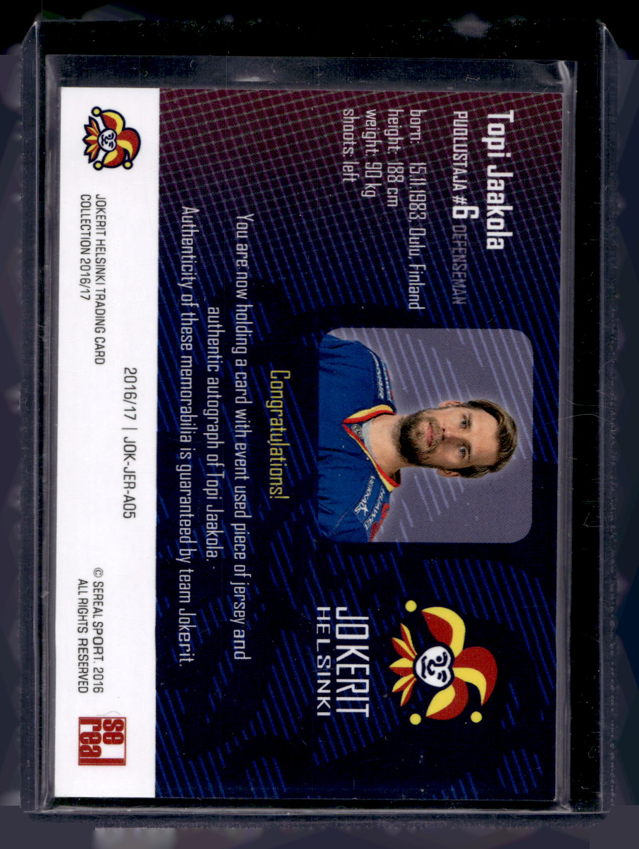 2016-17 Sereal Jokerit Authentic Jersey & Autograph - Topi Jaakola #JOK-JER-A05 /50