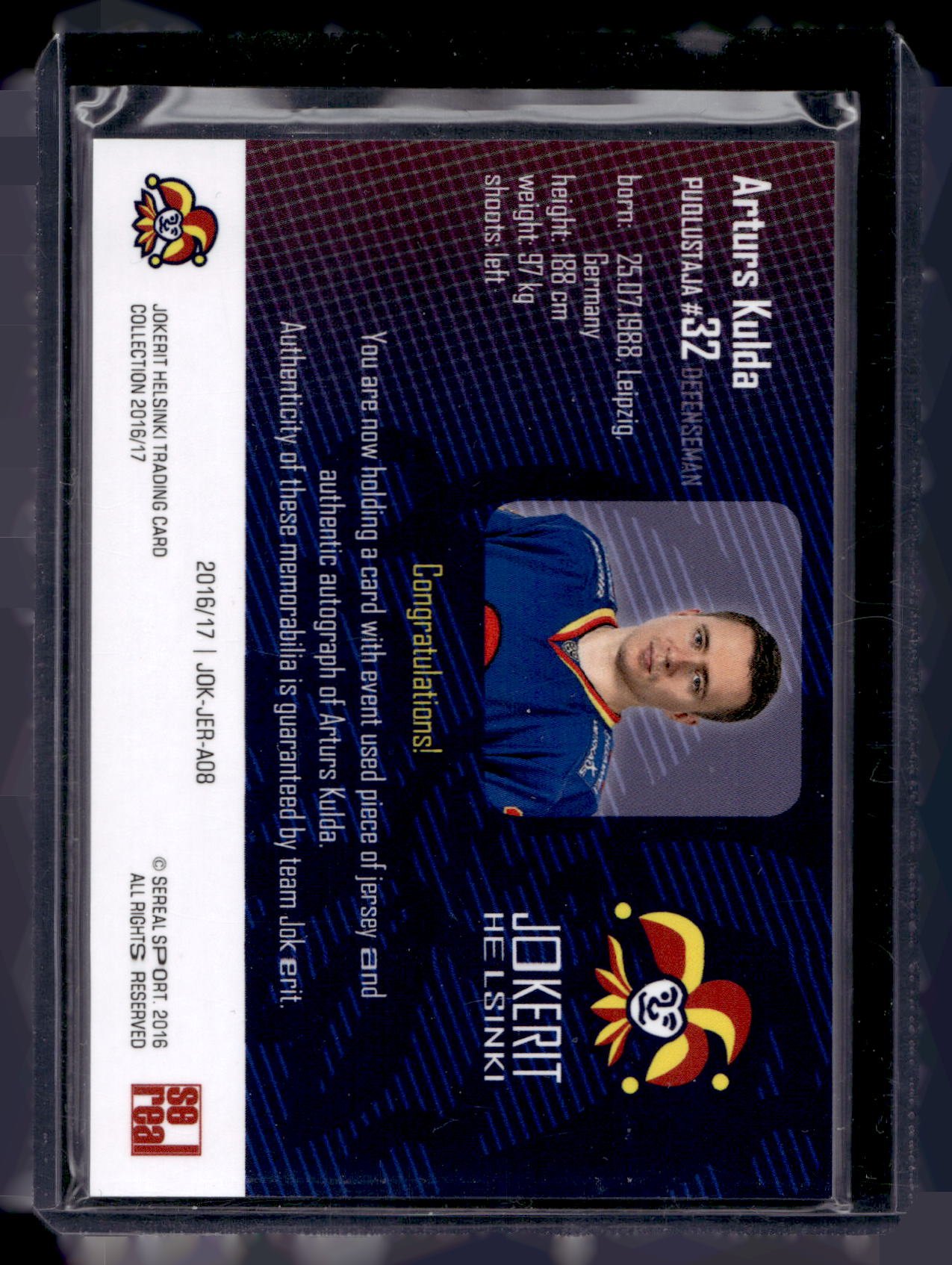 2016-17 Sereal Jokerit Authentic Jersey & Autograph - Arturs Kulda #JOK-JER-A08 /50