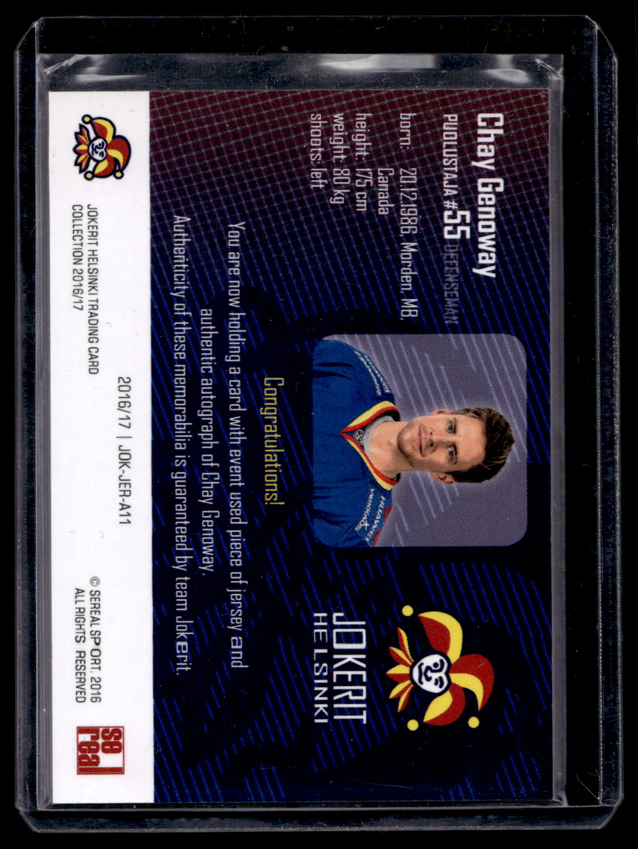 2016-17 Sereal Jokerit Authentic Jersey & Autograph - Chay Genoway #JOK-JER-A11 /50
