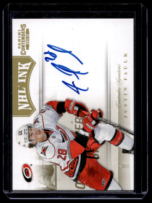 2011-12 Panini Playoff Contenders - NHL Ink - Gold - Justin Faulk #9 /25 RY
