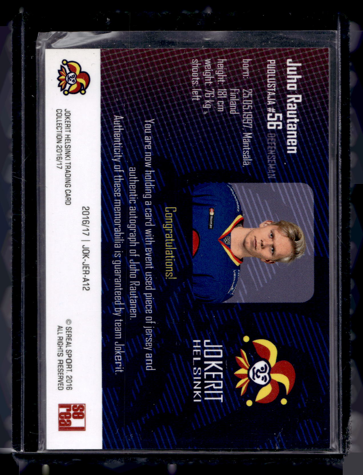 2016-17 Sereal Jokerit Authentic Jersey & Autograph - Juho Rautanen #JOK-JER-A12 /50
