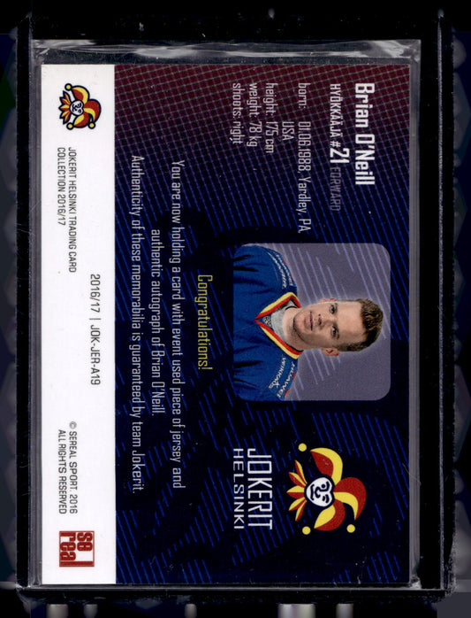 2016-17 Cereal Jokerit Authentic Jersey & Autograph - Brian O'Neill #JOK-JER-A19 /50