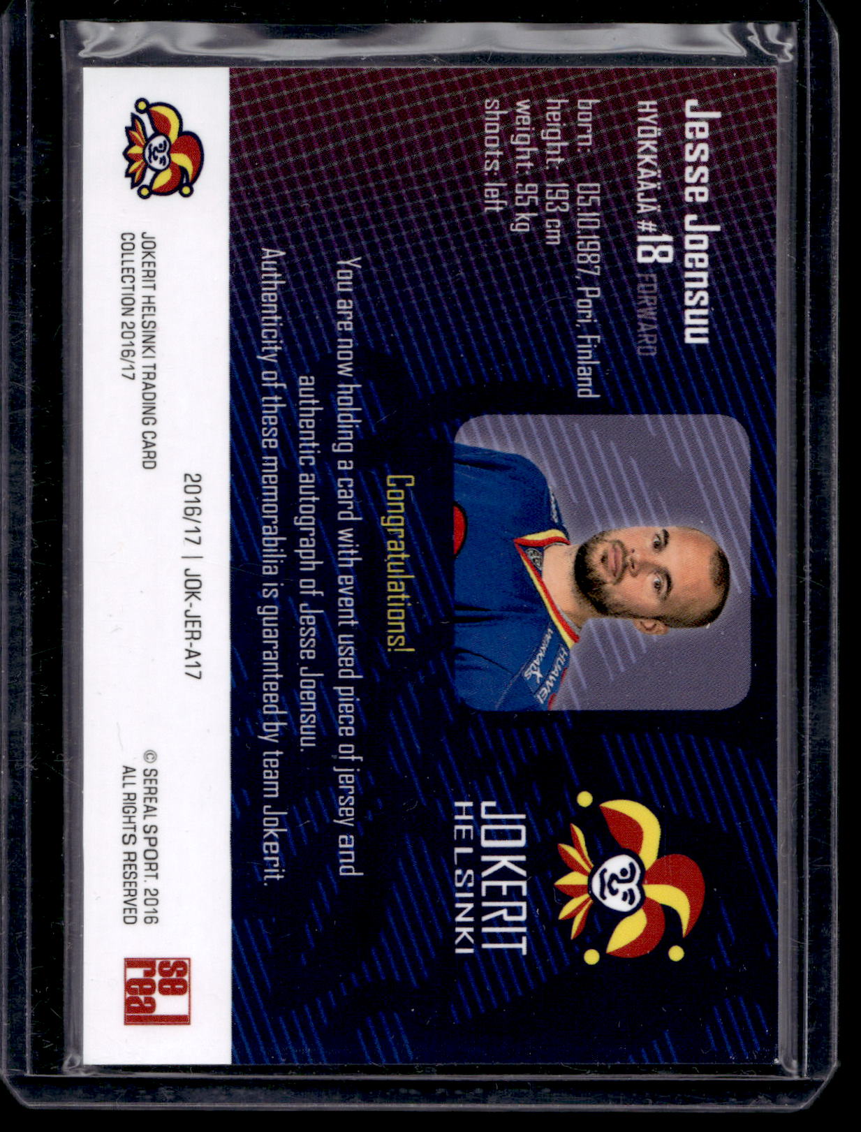2016-17 Cereal Jokerit Authentic Jersey & Autograph - Jesse Joensuu #JOK-JER-A17 /50
