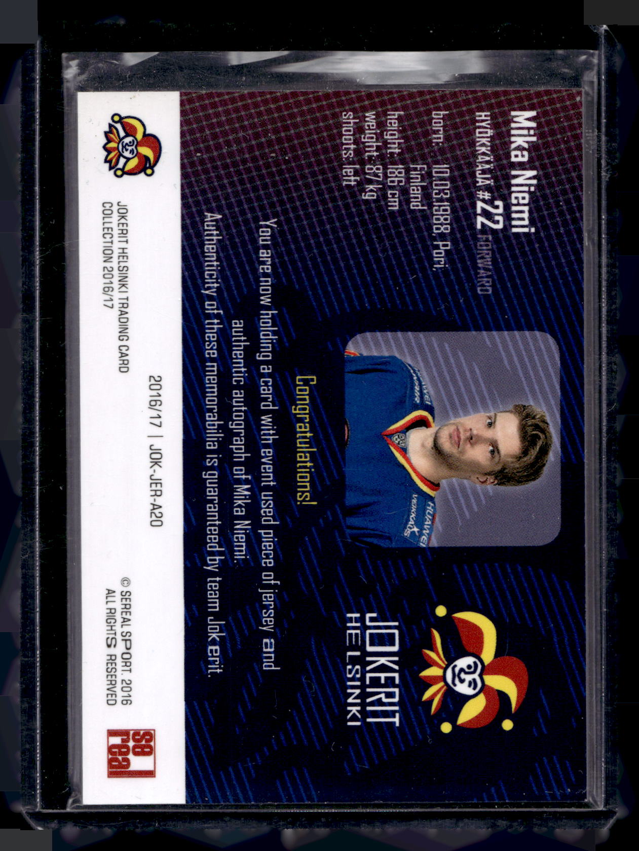 2016-17 Sereal Jokerit Authentic Jersey & Autograph - Mika Niemi #JOK-JER-A20 /50