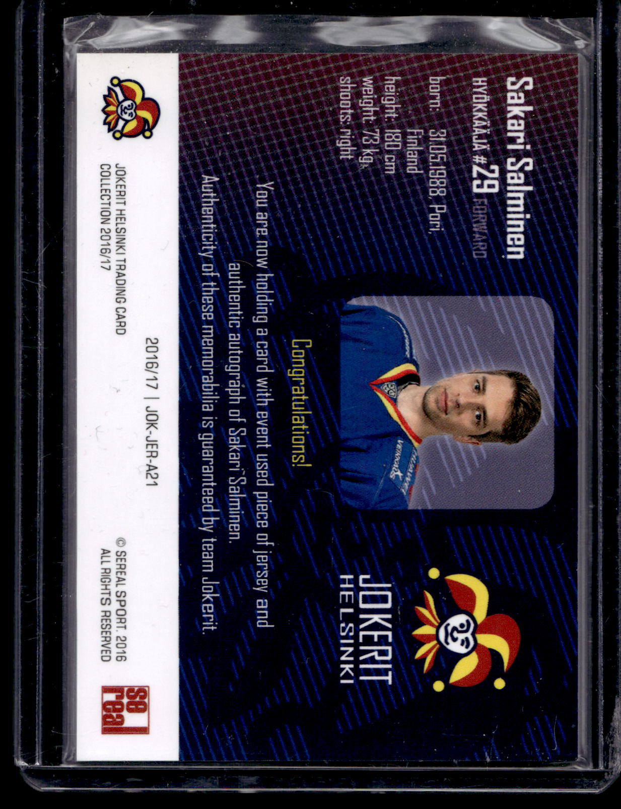 2016-17 Sereal Jokerit Authentic Jersey & Autograph - Sakari Salminen #JOK-JER-A21 /50