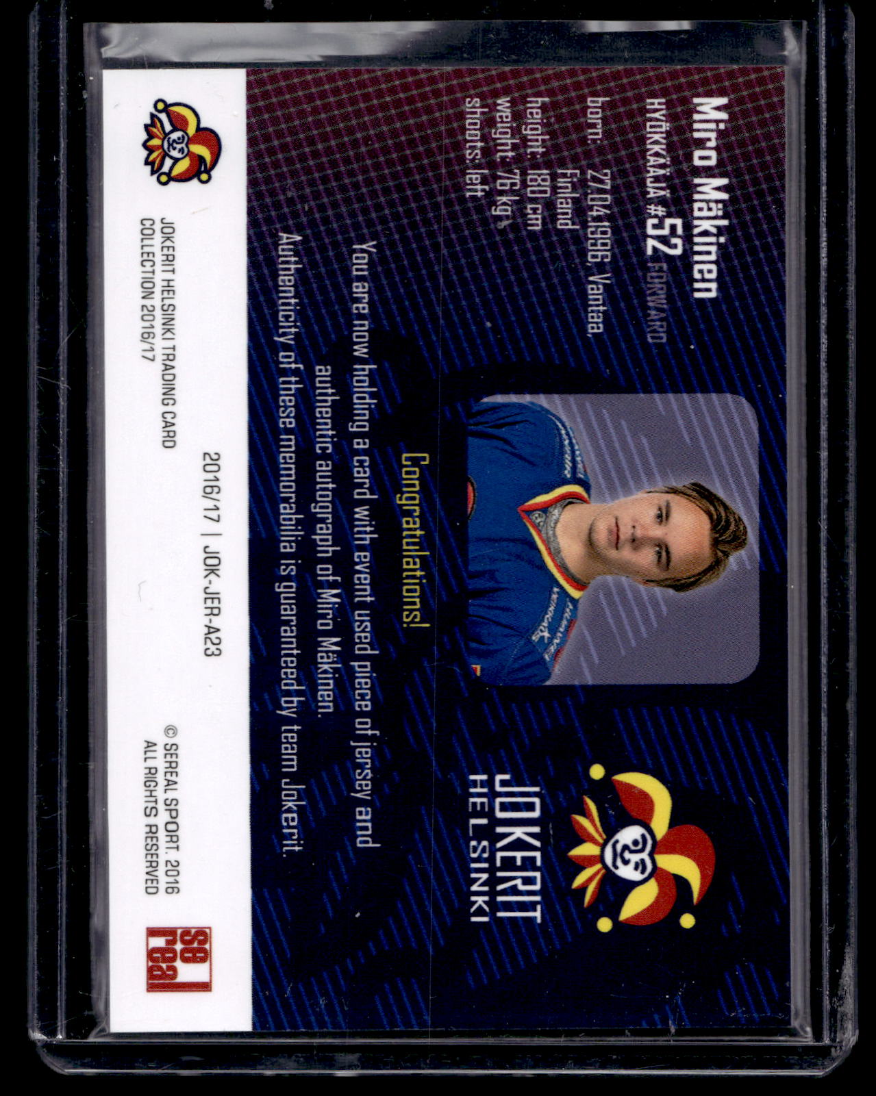 2016-17 Sereal Jokerit Authentic Jersey & Autograph - Miro Mäkinen #JOK-JER-A23 /50