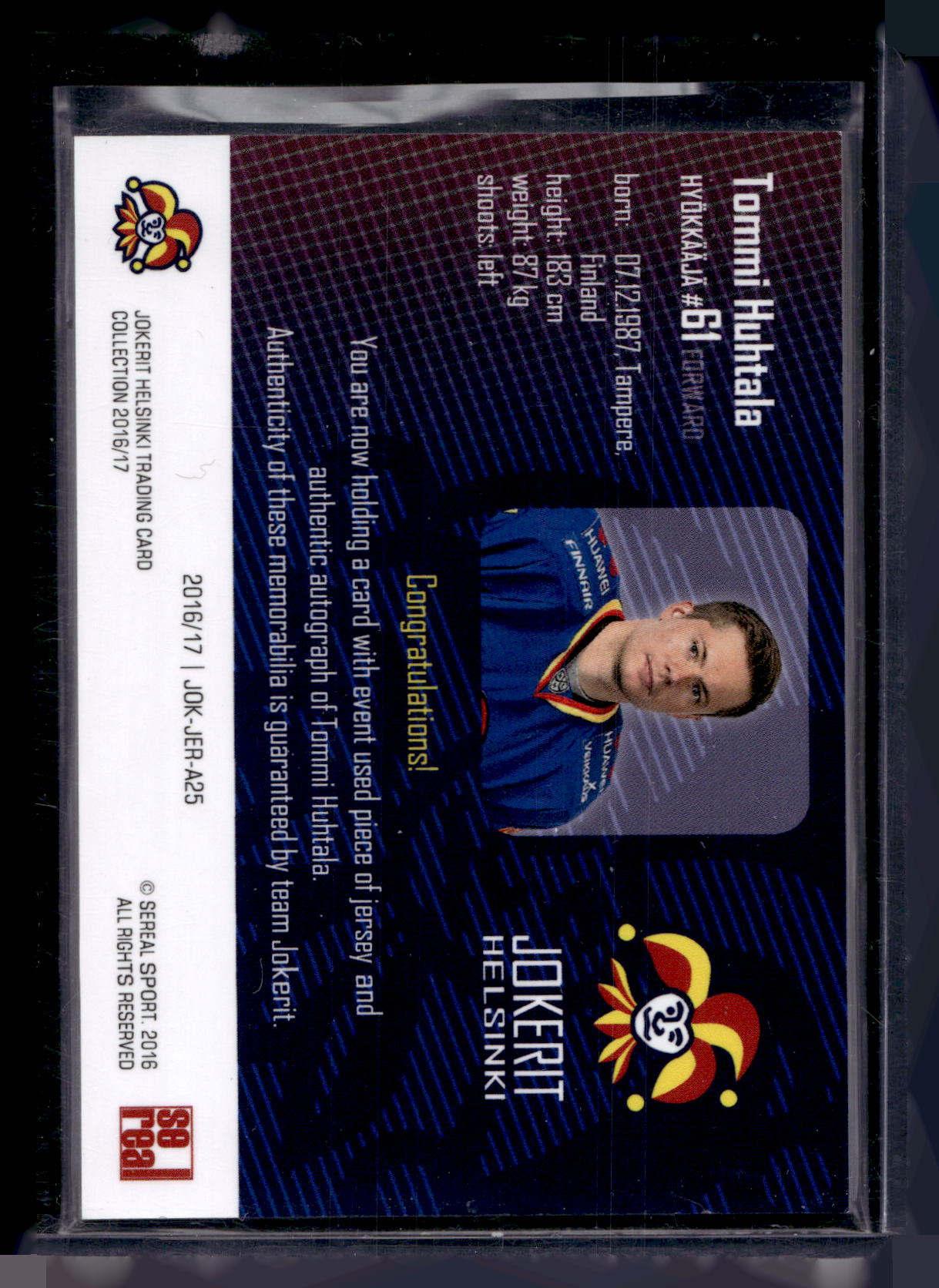 2016-17 Sereal Jokerit Authentic Jersey & Autograph - Tommi Huhtala #JOK-JER-A25 /50