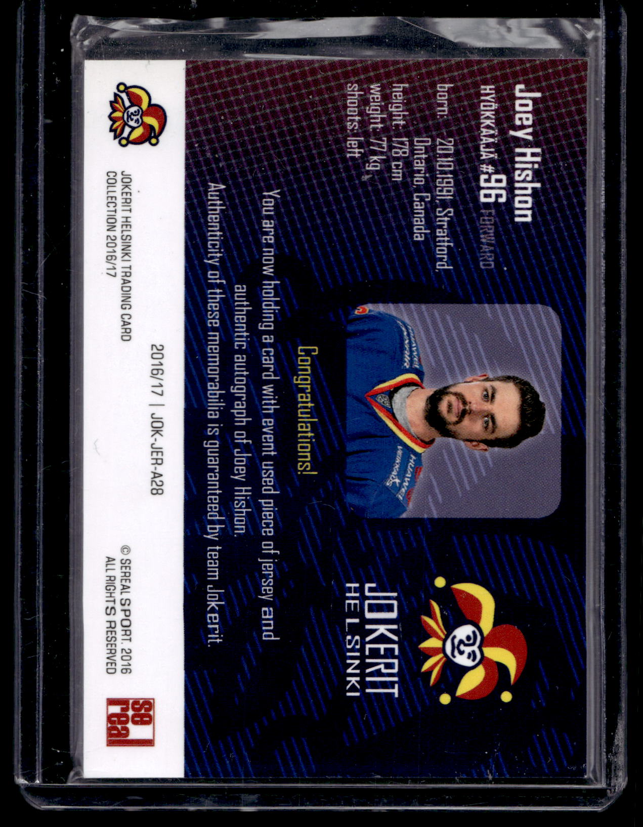 2016-17 Sereal Jokerit Authentic Jersey & Autograph - Joey Hishon #JOK-JER-A28 /50