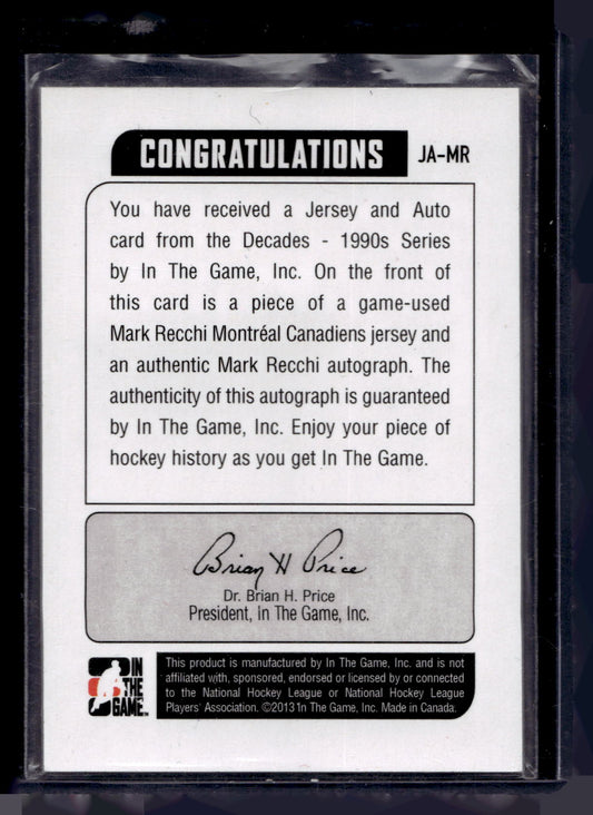 2013-14 In the Game Decades 1990s - Game Used Autograph - Silver Jersey - Mark Recchi #JA-MR PR2