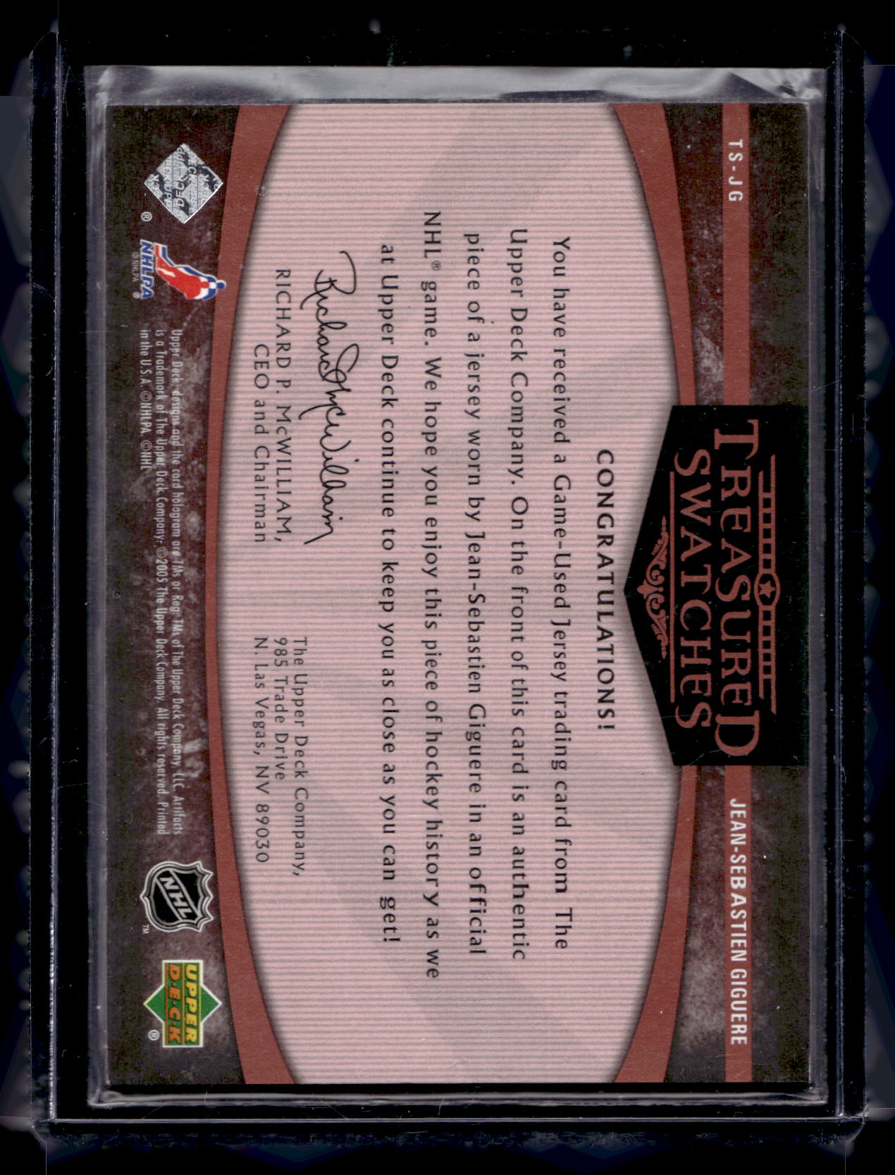 2005-06 Upper Deck Artifacts - Treasured Swatches - Maroon - Jean-Sebastien Giguere #TS-JG /25
