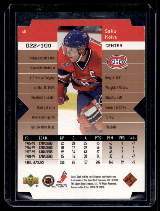 1999-00 Upper Deck Black Diamond - Final Cut - Saku Koivu #48 /100