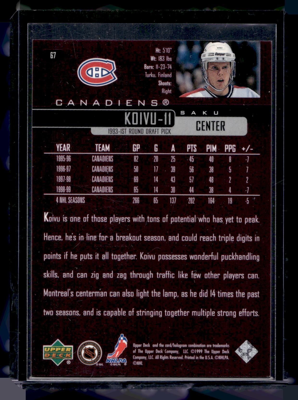 1999-00 Upper Deck - UD Exclusives - Saku Koivu #67 /100