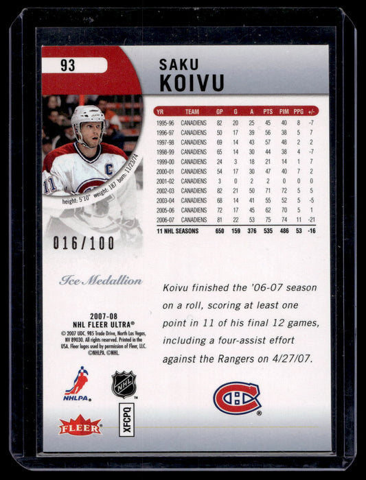 2007-08 Fleer Ultra - Ice Medallion - Saku Koivu #93 /100